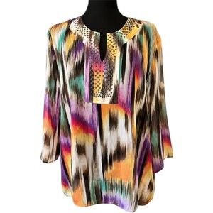 Chico's Colorful Abstract Sheer Blouse with studded collar size 3
